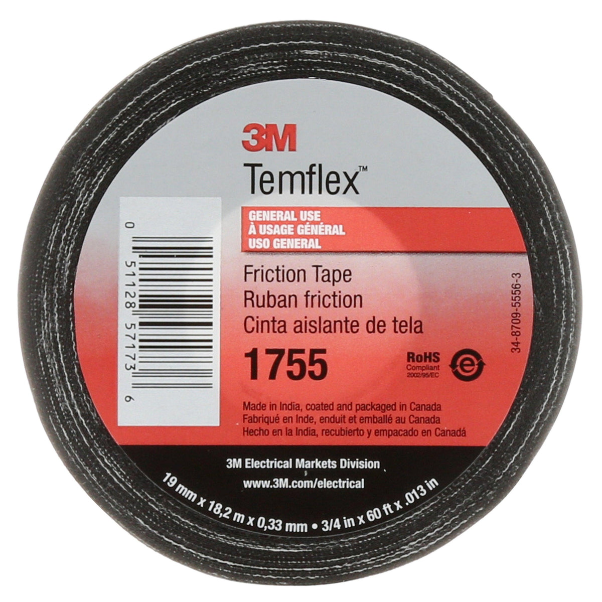 3M Temflex™ Cotton Friction Tape, Black, Model 1755-3/4X60 *