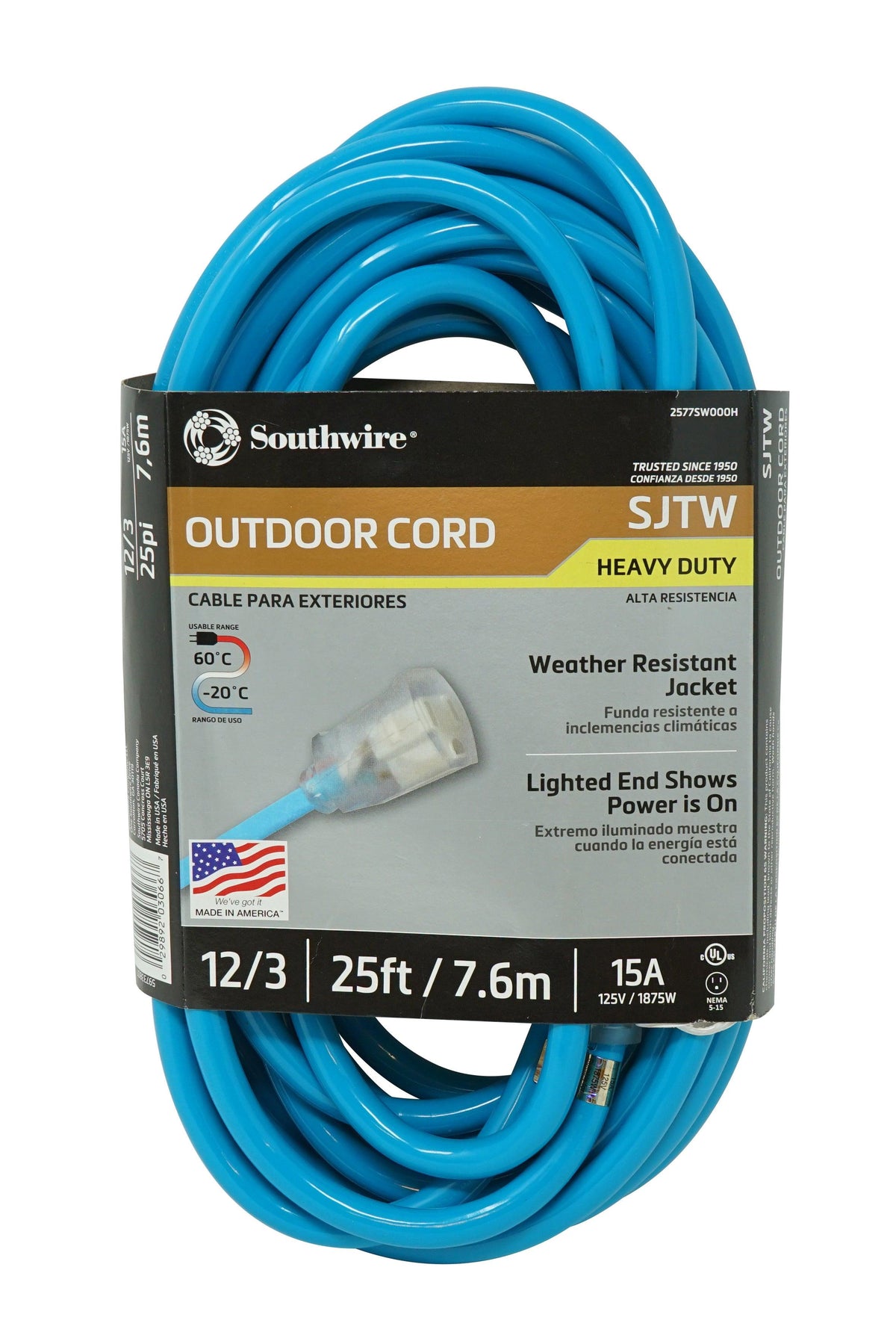 Southwire 25ft, 12/3 SJTW Cool Blue Extension Cord W/Lighted End, Model 2577SW000H
