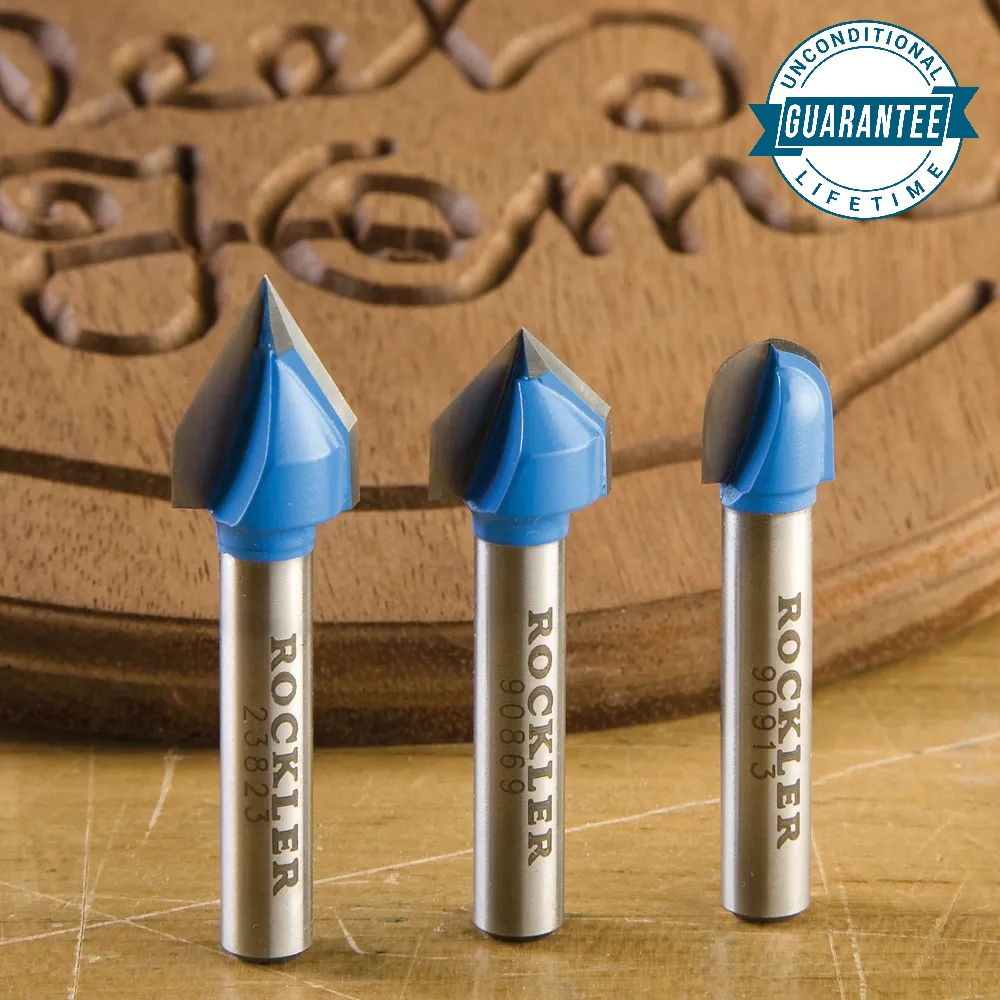 Rockler 3-Piece CNC/Freehand Signmaking Router Bit Set, 1/4'' Shank