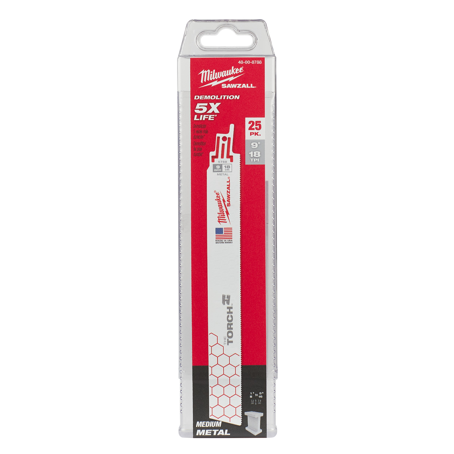 Milwaukee 48-00-8788 TORCH 9″ 18TPI Bi-Metal SAWZALL Blade for Demo Metal Cutting 25-Pack