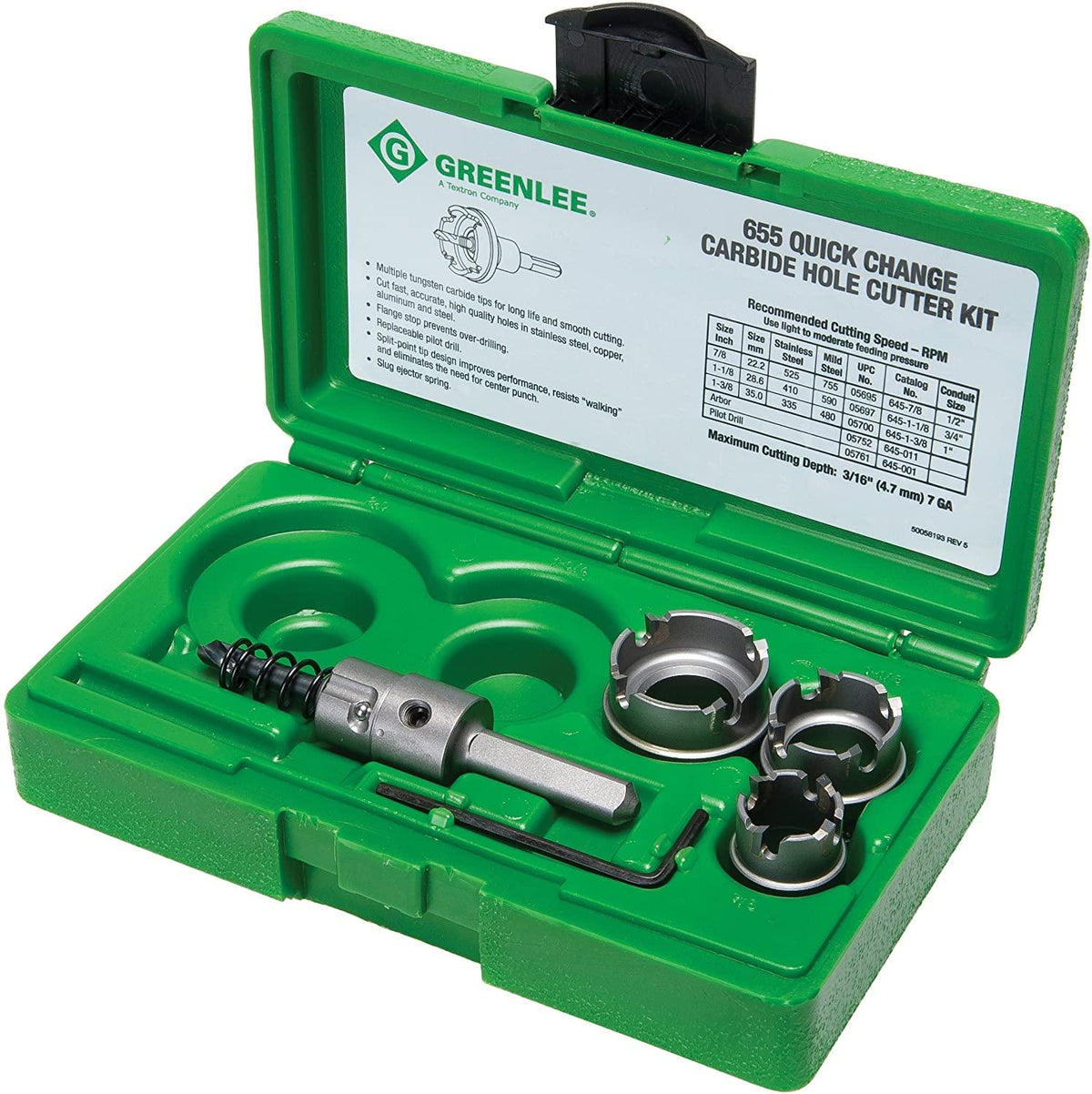 Greenlee 5-Piece Quick Change Stainless Steel Hole Cutter Kit, Model 655