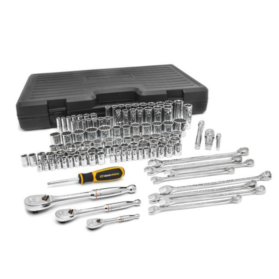 GearWrench 89058 1/4″, 3/8″ and 1/2″ Drive 6 and 12 Point Standard and Deep SAE/Metric Mechanics Tool Set 110-Piece