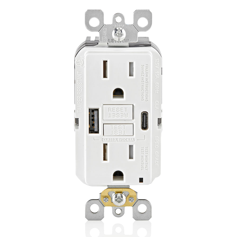 Leviton 15A GFCI Combination Receptacle with Type A/C USB Charger in White, Model GUAC1-W