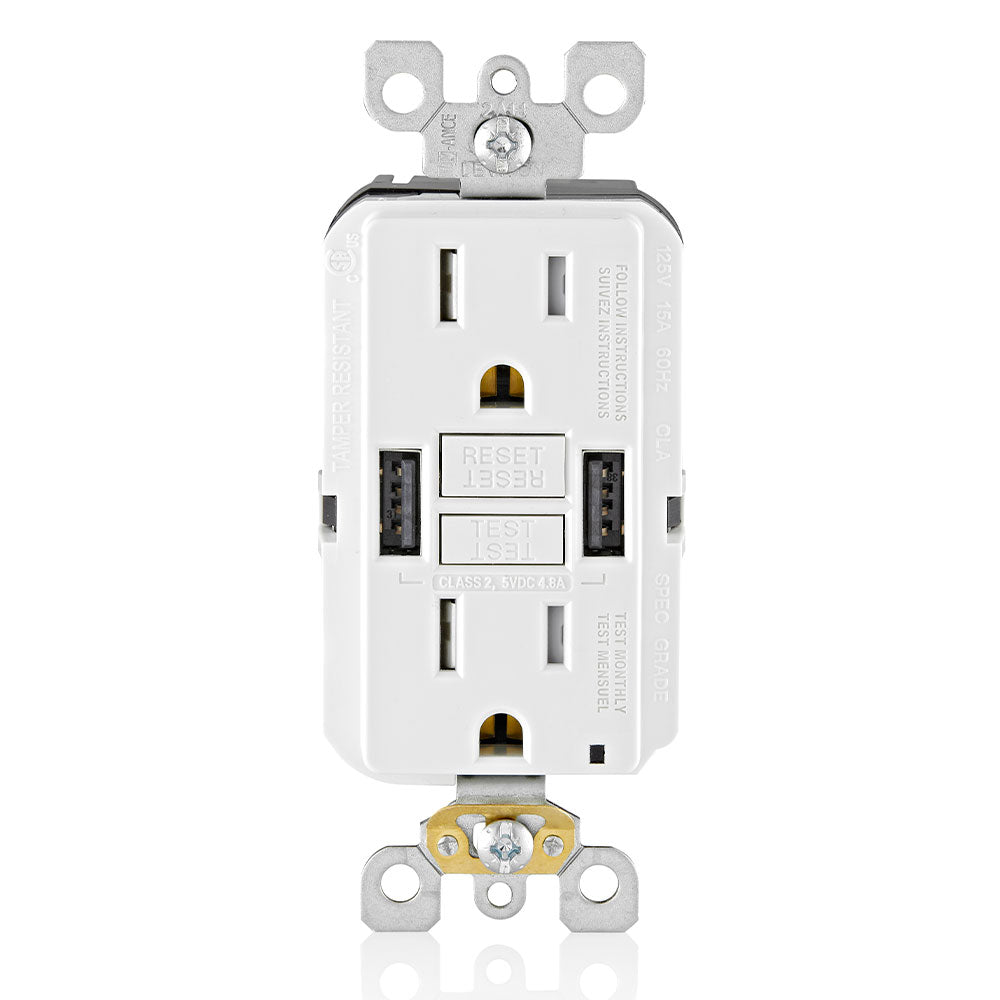 Leviton 15A GFCI Combination Receptacle with Type A USB Charger in White, Model GUSB1-W