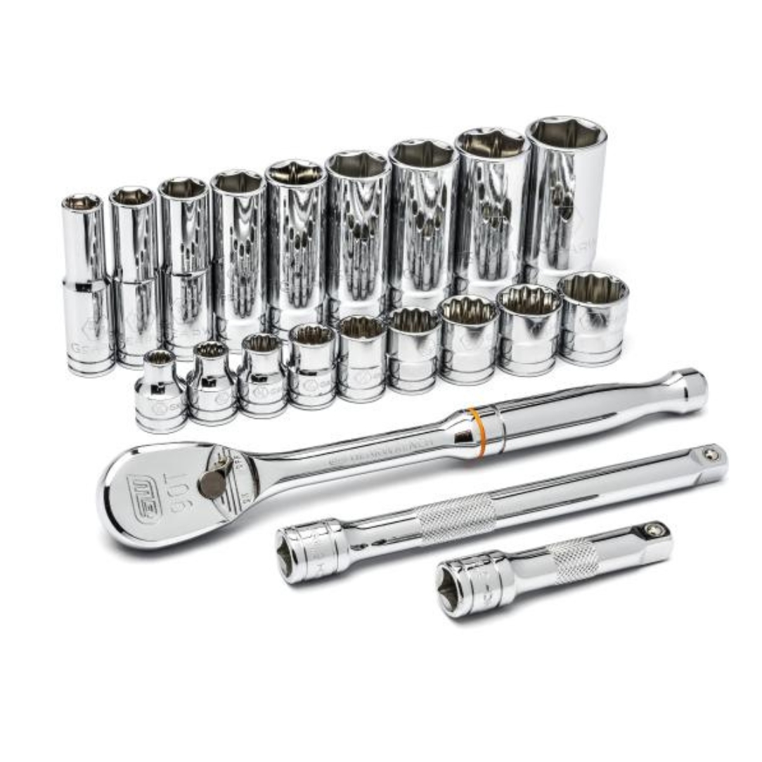 GearWrench 80557 3/8″ Drive 6 and 12 Point Standard and Deep SAE Mechanics Tool Set 21-Piece