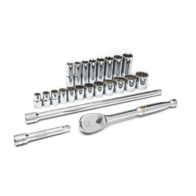 GearWrench 80707 1/2″ Drive 6-Point SAE Standard and Deep Mechanics Tool Set 23-Piece