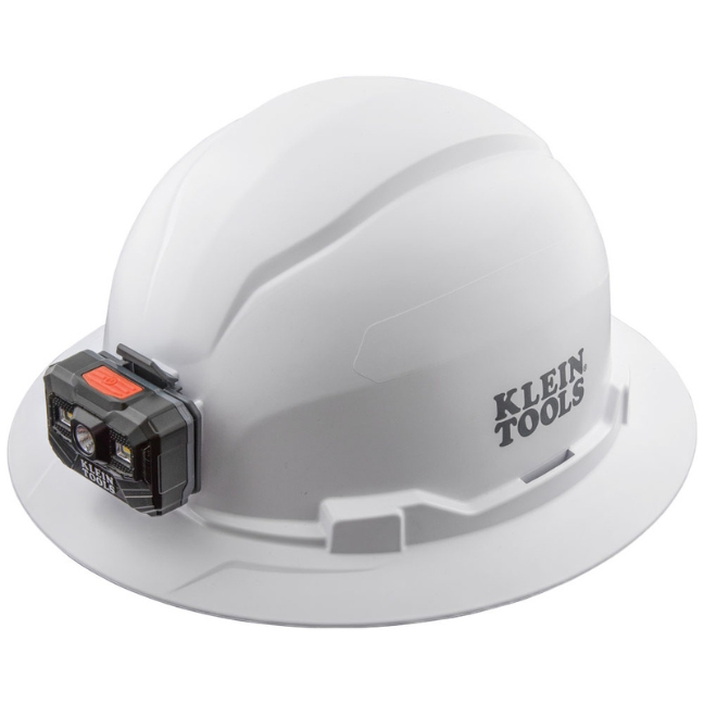 Klein 60406RL Non-Vented Class-E Type 1 Full Brim-Style Hard Hat with Rechargeable Headlamp – White