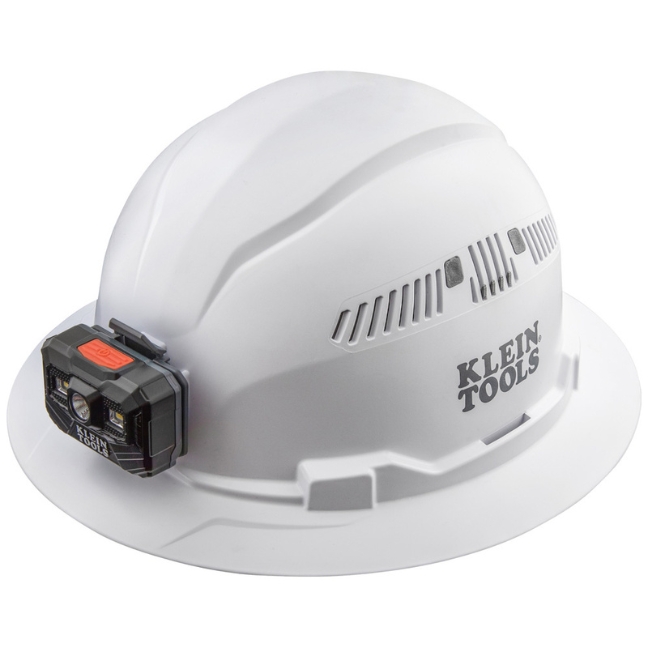 Klein 60407RL Vented Class-C Type 1 Full Brim-Style Hard Hat with Rechargeable Headlamp – White