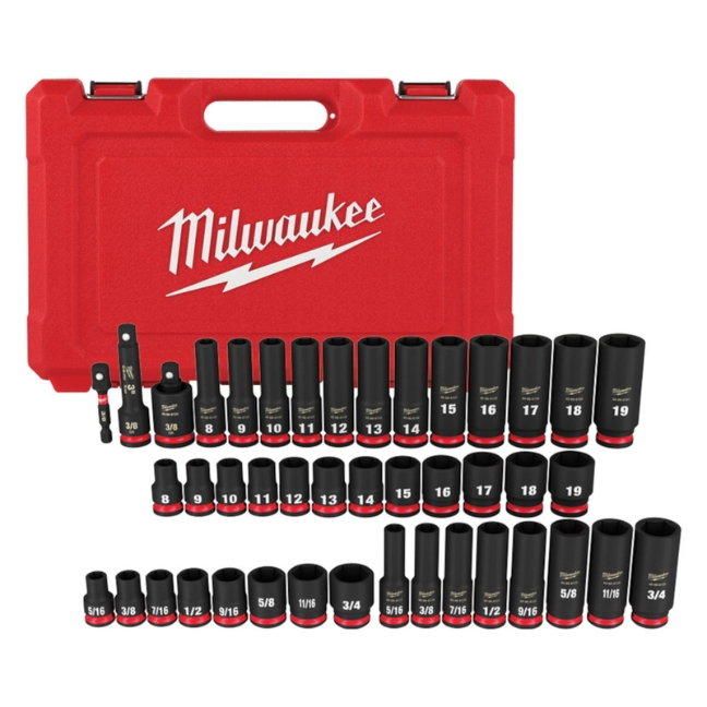 Milwaukee 49-66-7009 SHOCKWAVE Impact Duty 3/8″ Drive SAE and Metric Deep 6 Point Socket Set 43-Piece