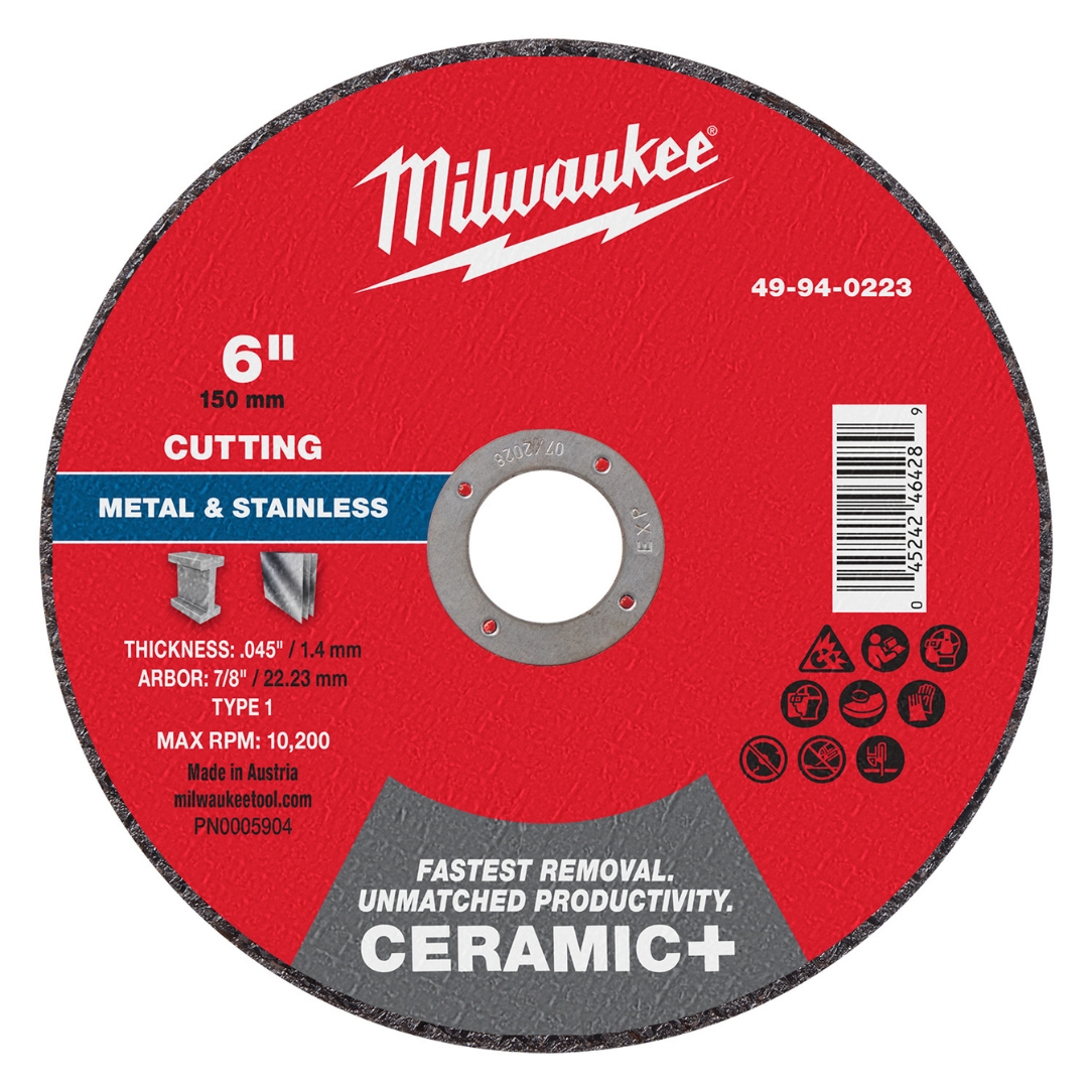 Milwaukee 49-94-0223 6″ x .045″ x 7/8″ Type 1 CERAMIC+ Metal Cut Off Wheel 25-Pack