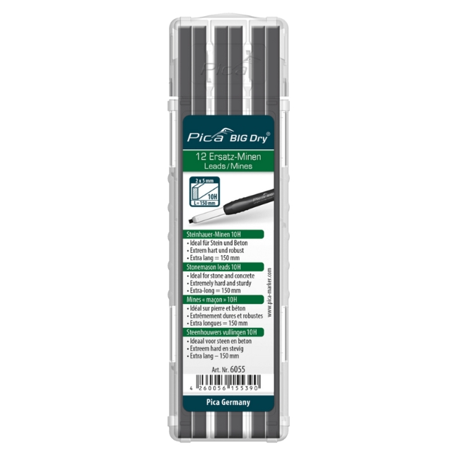 Pica 6055 Big Dry Stonemason 10H Graphite Lead 2mm x 5mm Refill Set 12-Pack