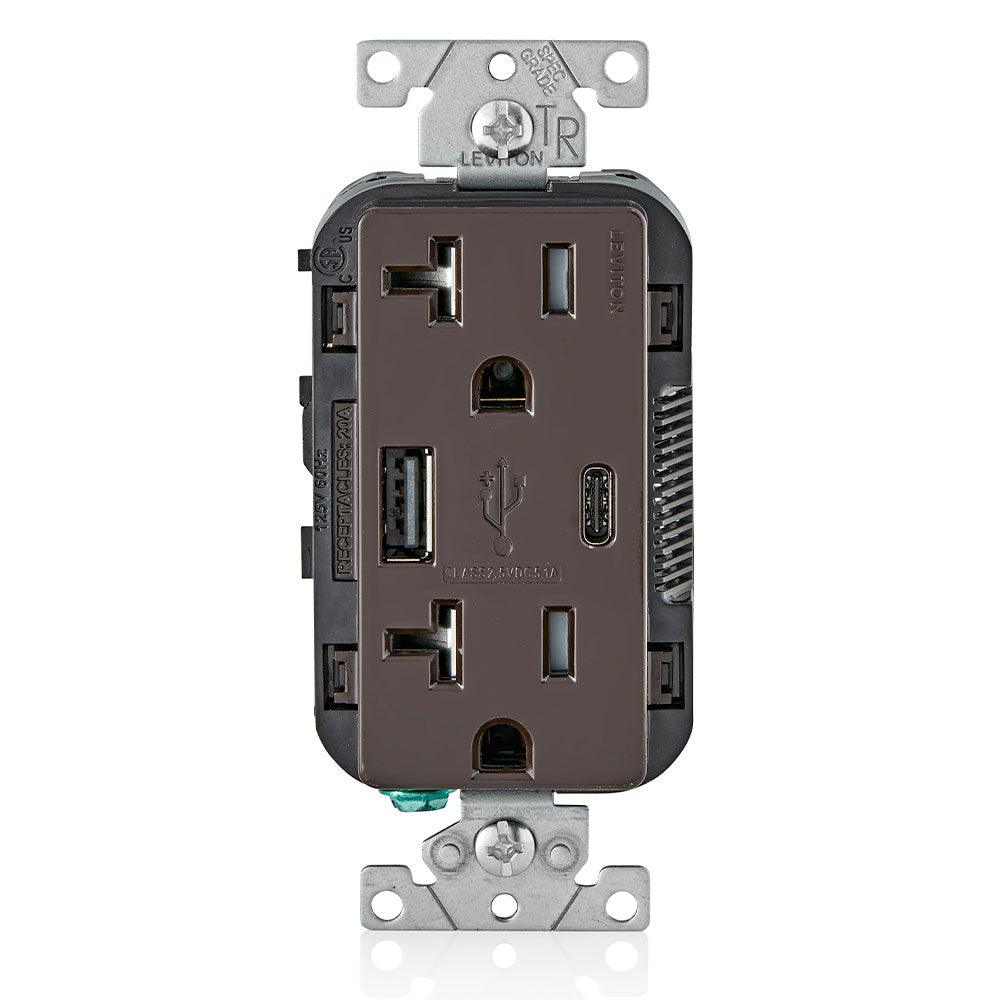 Leviton Type-A & Type-C USB Charger with 20A Tamper-Resistant Receptacle (Brown) Model T5833