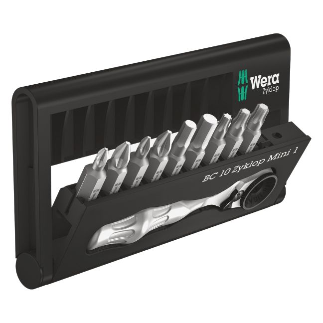 Wera 073645 Zyklop Mini Ratchet and PH/PZ/TX/HX Driver Bit Set 1/4″ Hex Drive 10-Piece